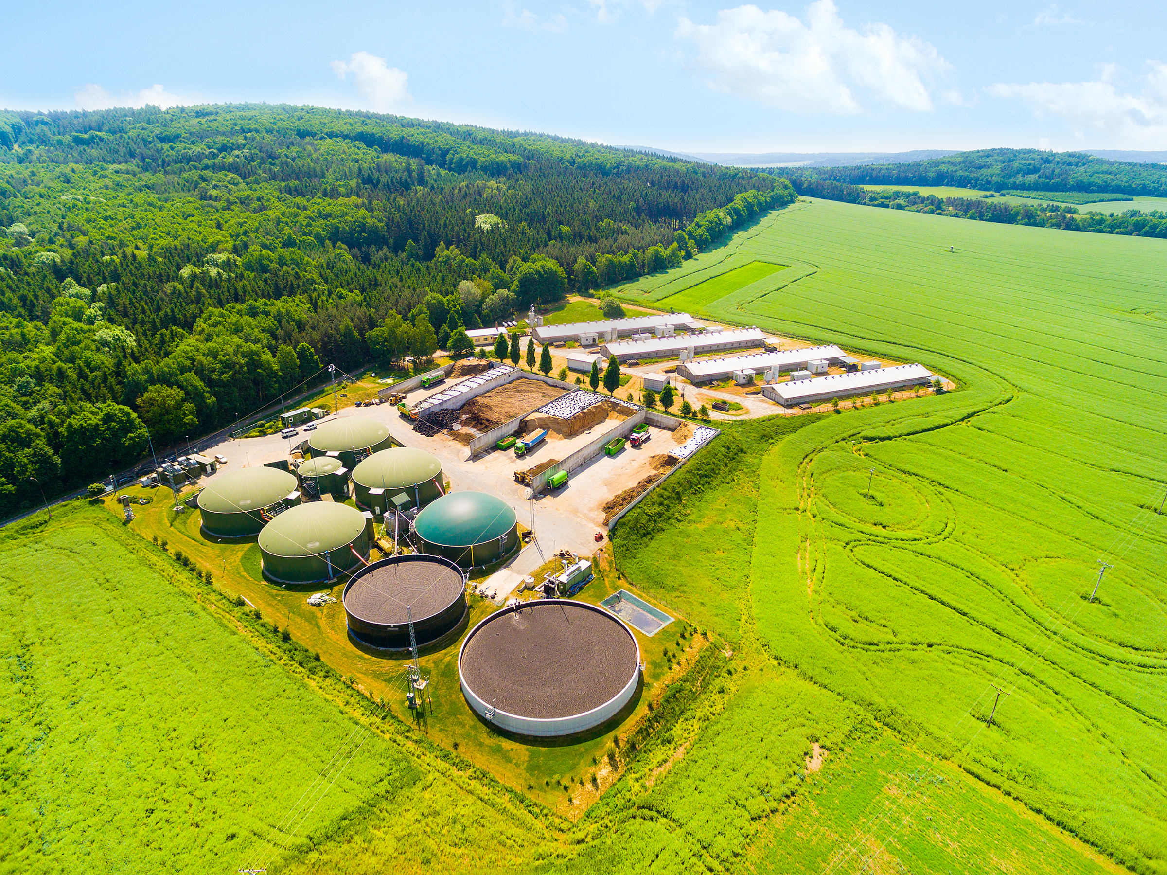 Aerial,View,Over,Biogas,Plant,And,Farm,In,Green,Fields.